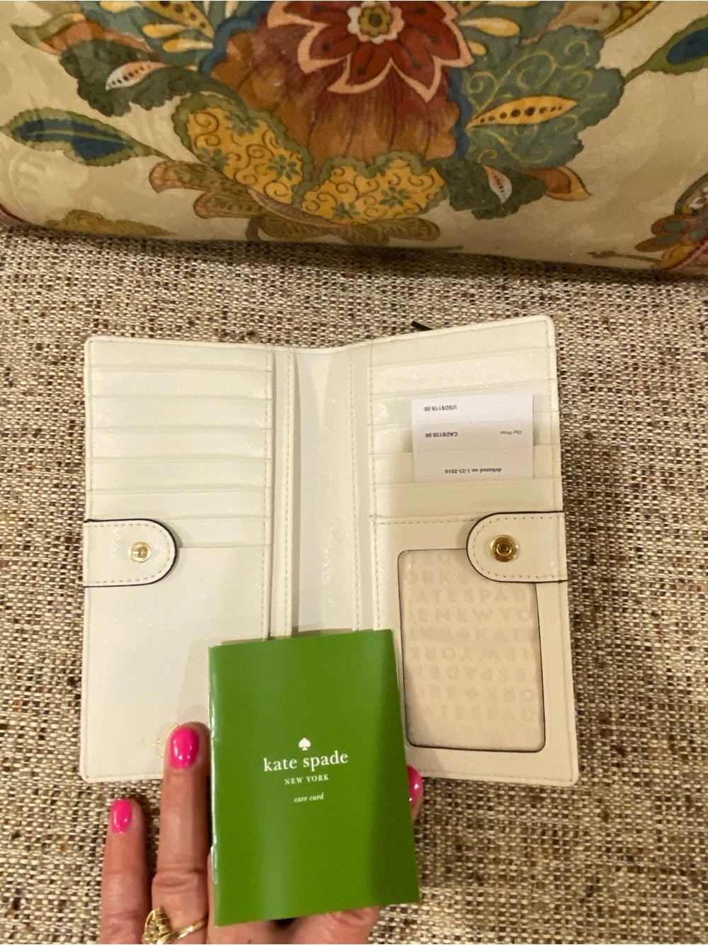 kate spade Cream and White Saffiano Leather Wallet with Gold Logo